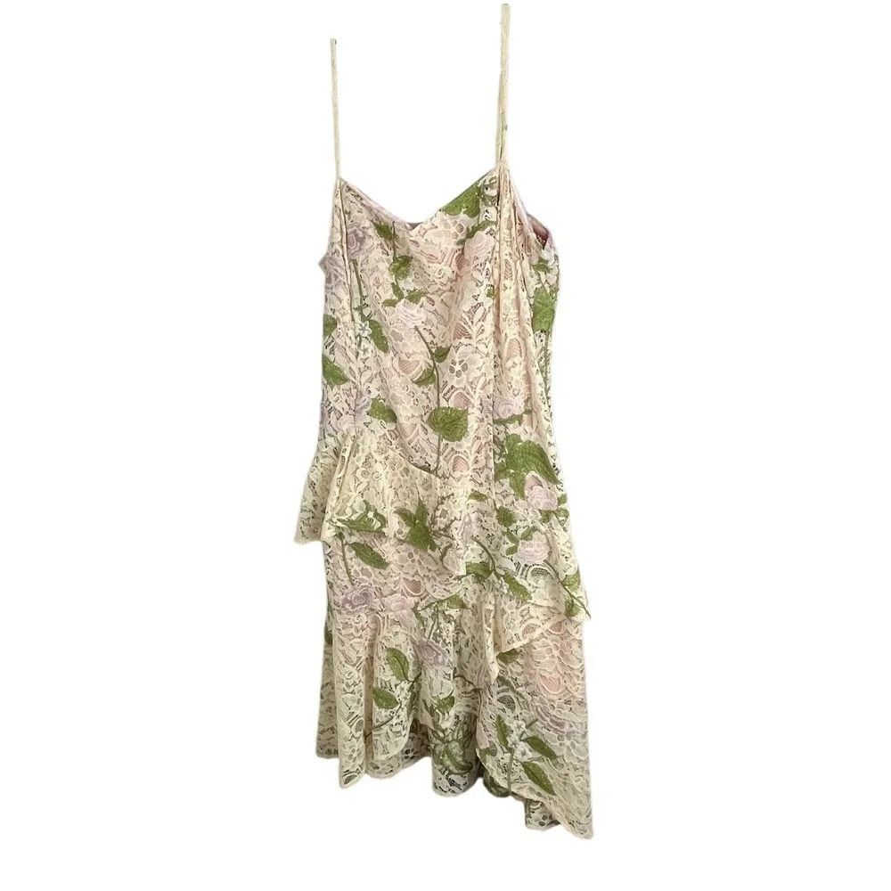 NWT Alex Marie Fairycore Pink Green Floral Lace Ruffle Sheath Midi Dress Size 14